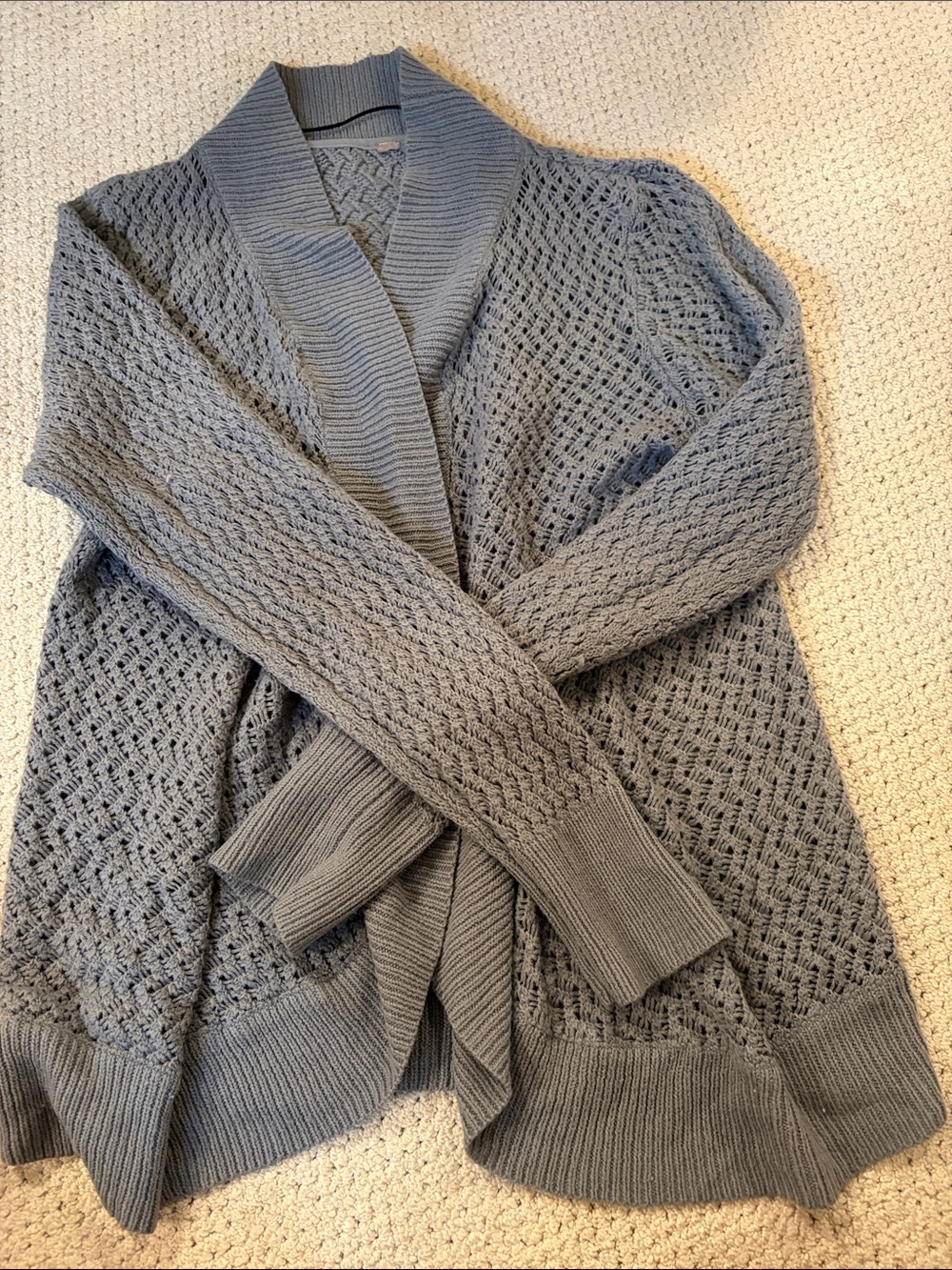 Gray Open-Knit Shawl Collar Sweater Cardigan